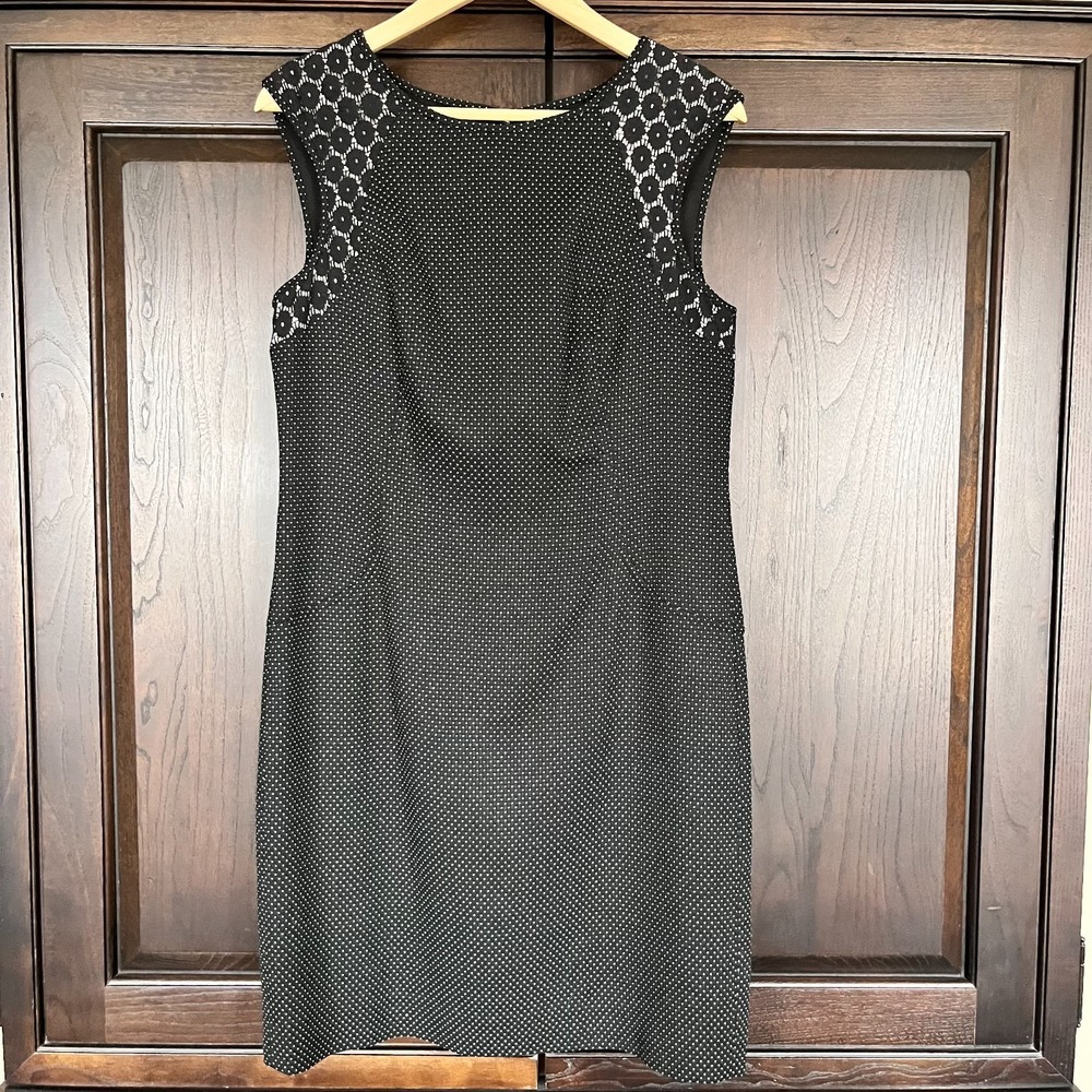 ANN TAYLOR Sheath Dress Womens Size‎ 8 Black Polka Dot Lace Overlay Lined LBD